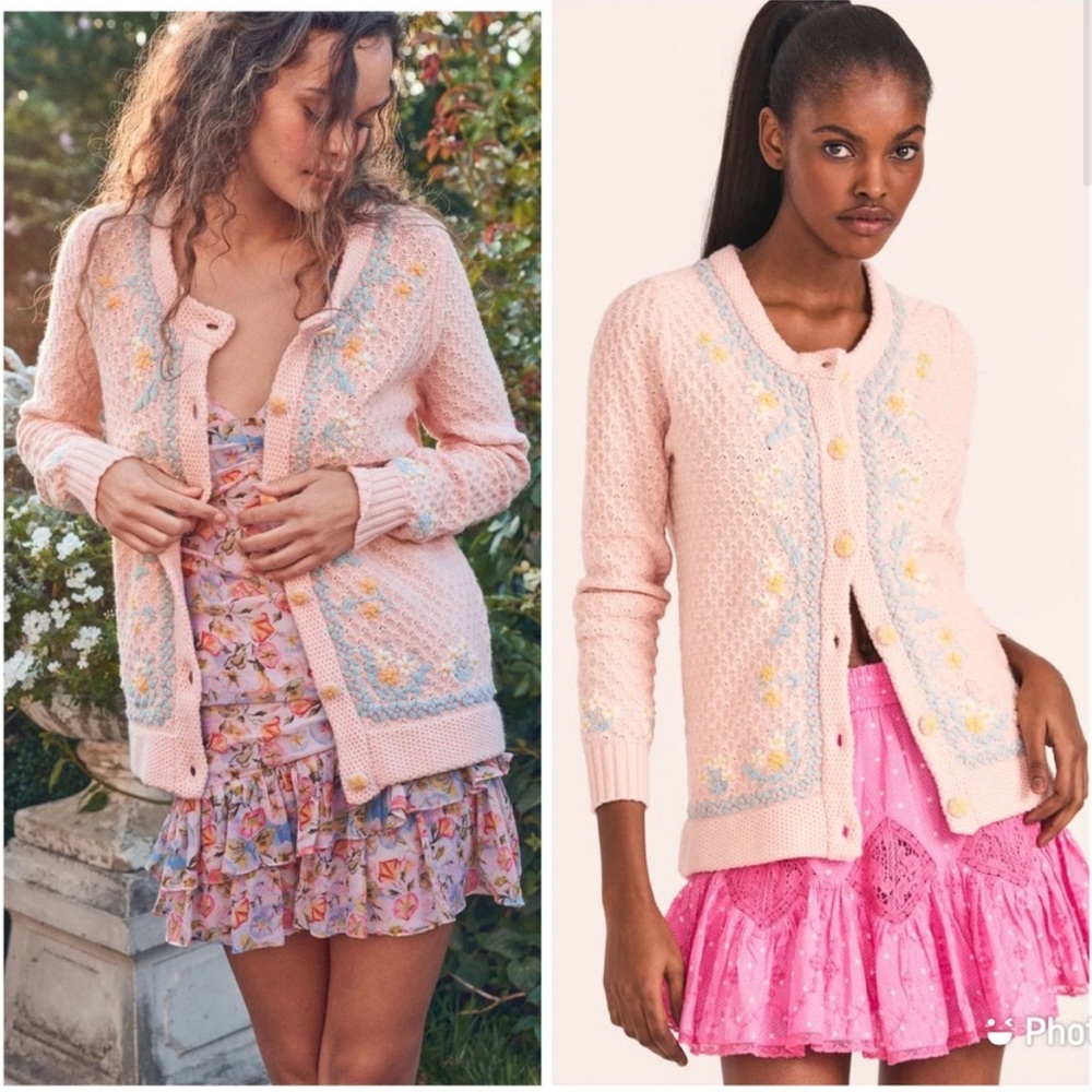 LoveShackFancy Naj pink knit floral cardigan size S